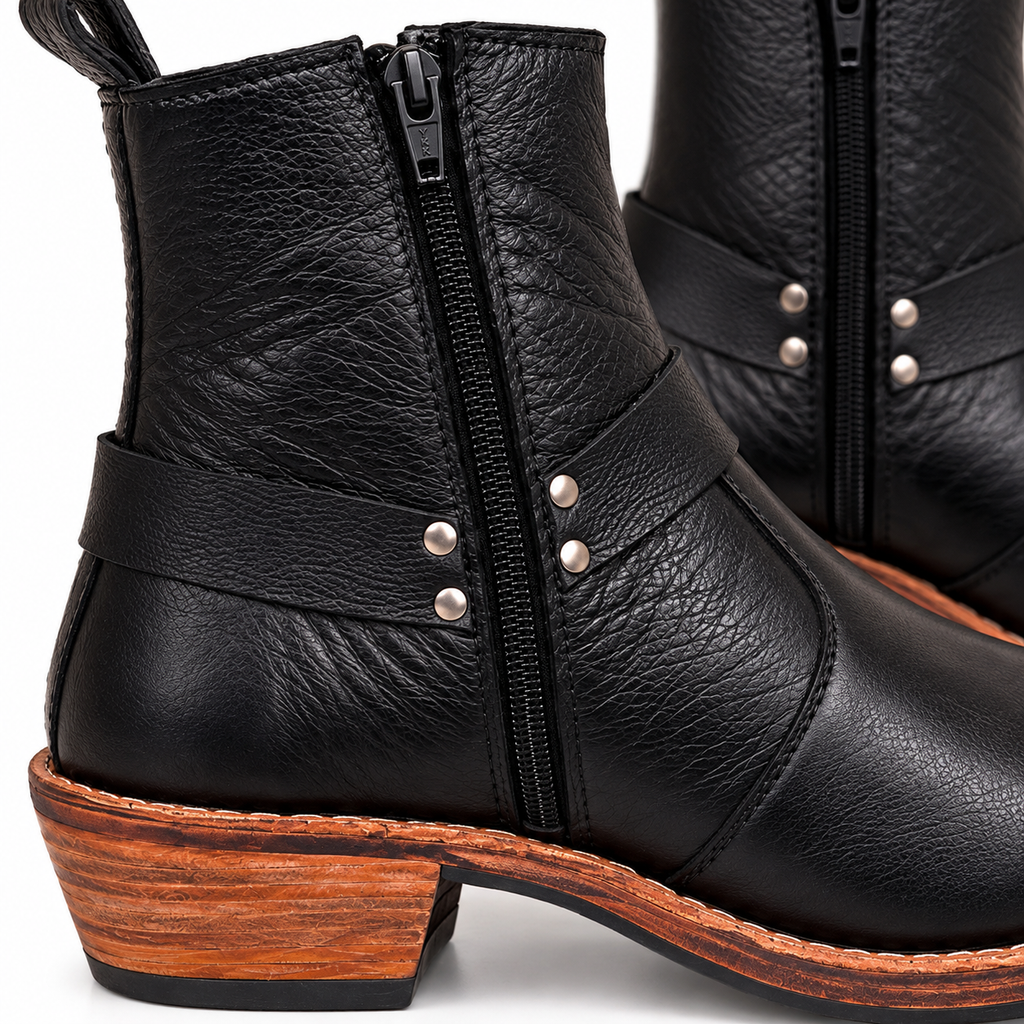 Handmade Black Leather Harness Ankle Boots With Leather Sole