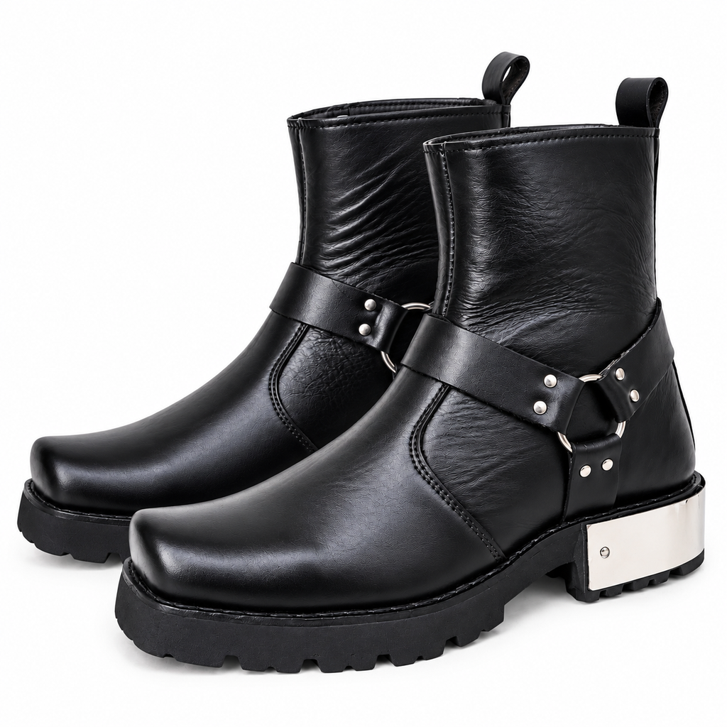 Black Urban Harness  Leather Zipper Boots