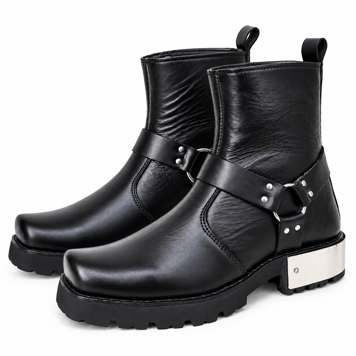 Black Urban Harness  Leather Zipper Boots
