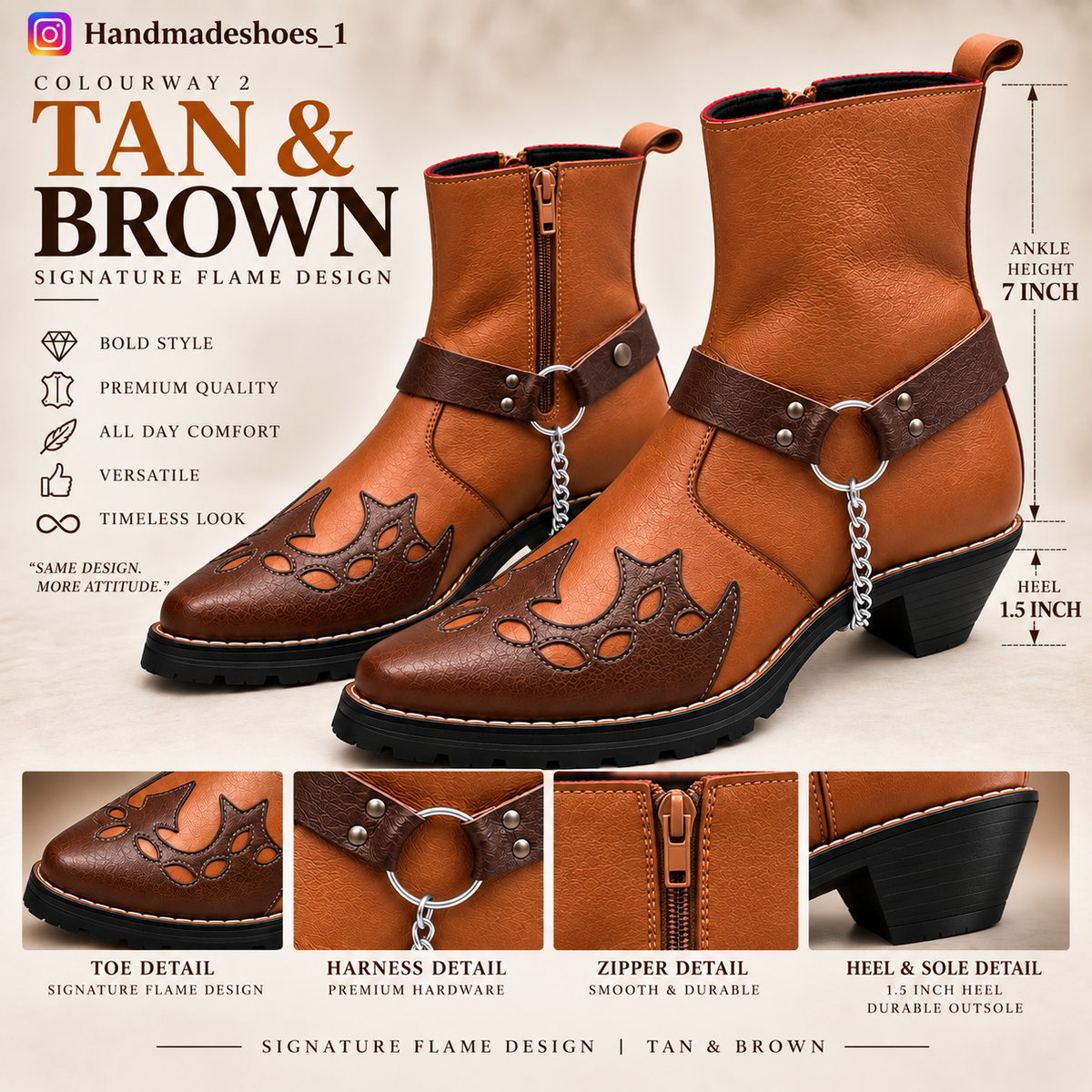 Premium Yellow Tan & Brown Leather Ankle Zipper Boot