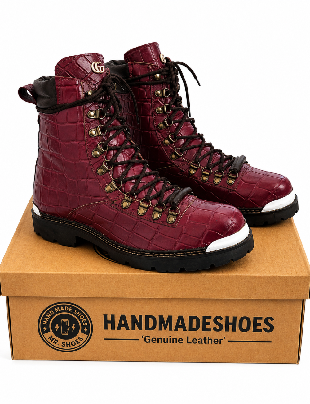 Genuine Handmade Cherry Red Leather Lace-Up Boots