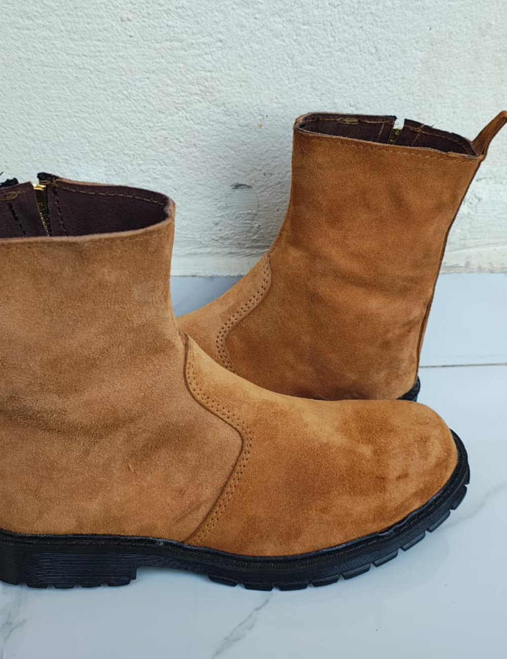 Classic Camel Suede Zeeper Handmade Boots With Leather Sole