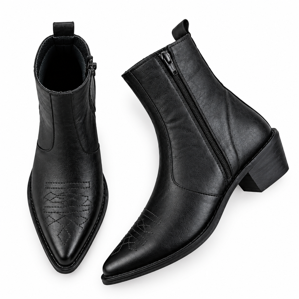 Black Heritage Stitch Ankle Leather Zipper Boot
