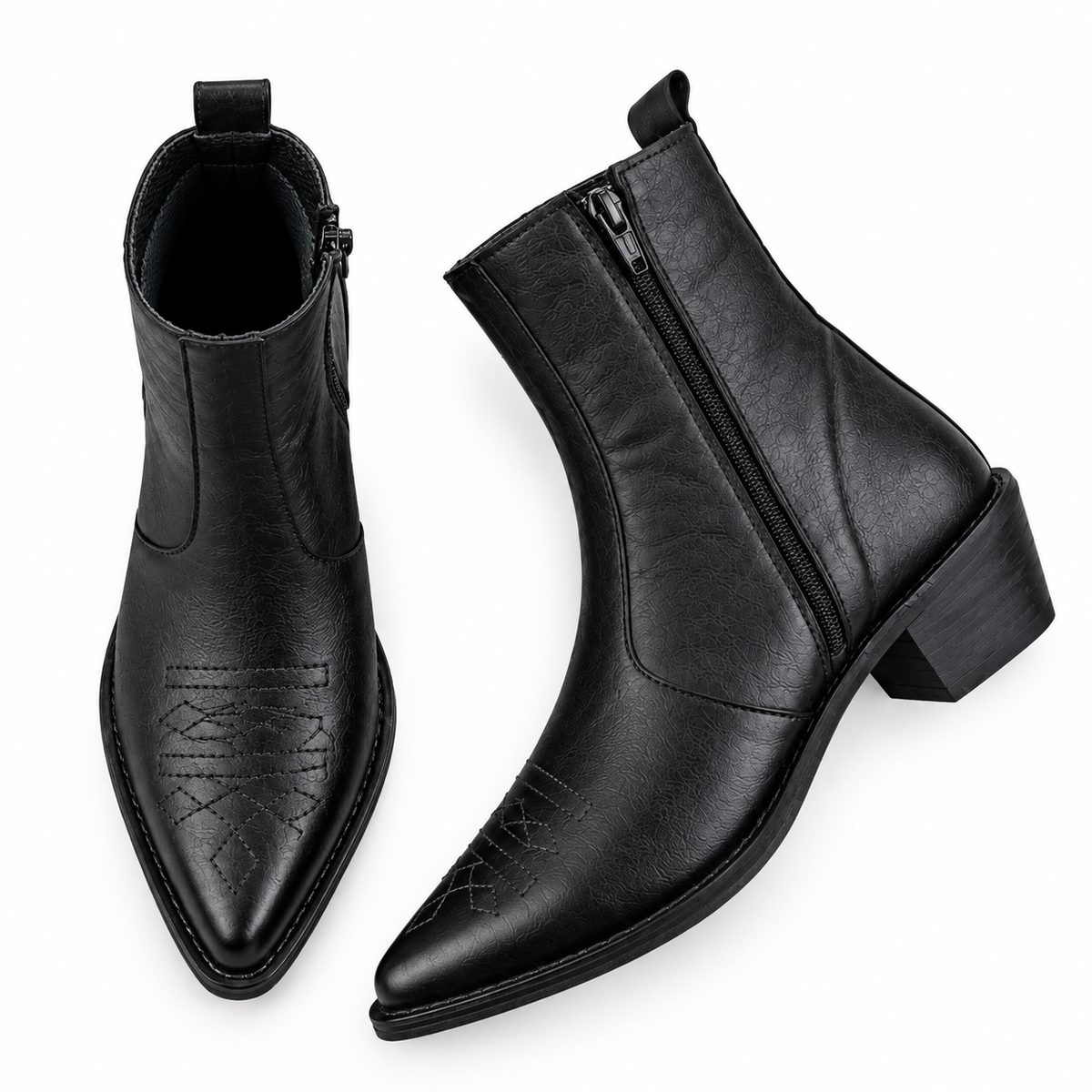 Black Heritage Stitch Ankle Leather Zipper Boot
