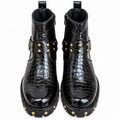 Black  Luxury  Glossy Croc-Texture Studded Zipper Boot