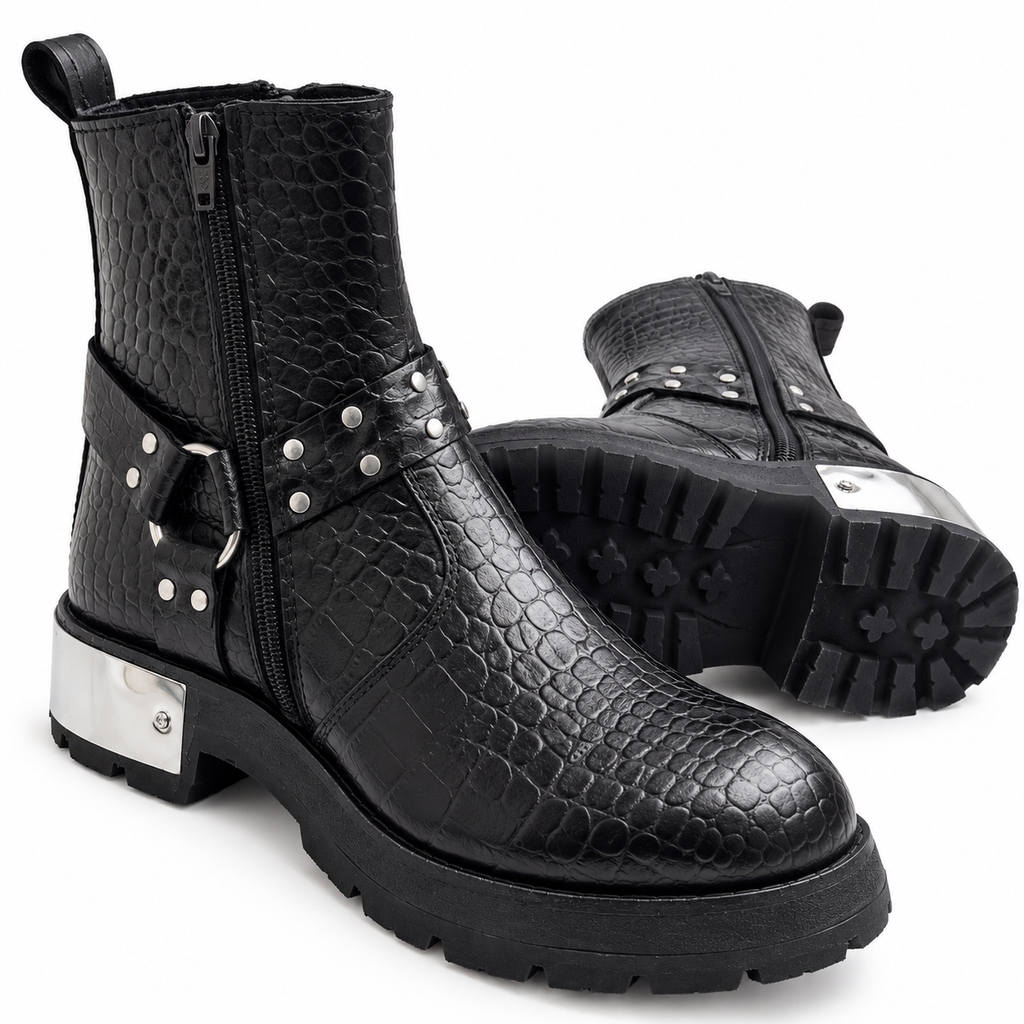 Black Croc-Texture Studded Ankle Zipper Boot