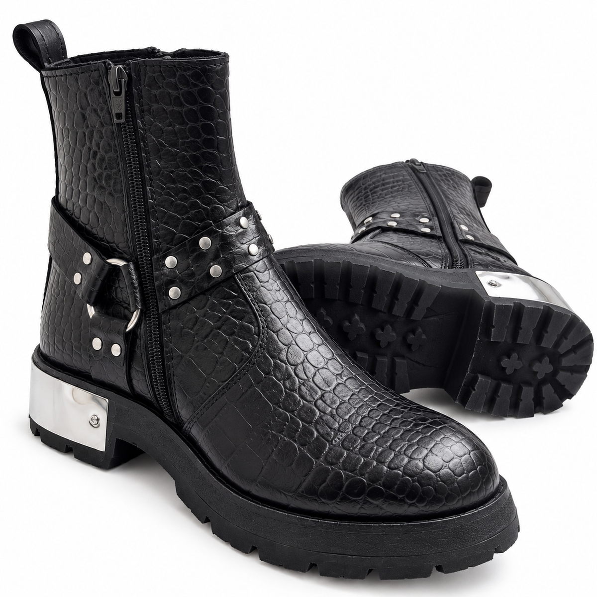 Black Croc-Texture Studded Ankle Zipper Boot