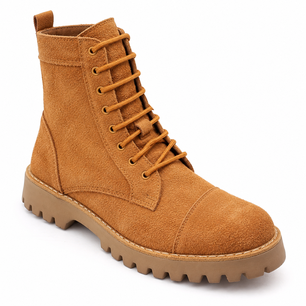 Camel Suede Lace-Up And Zipper Combat Boots