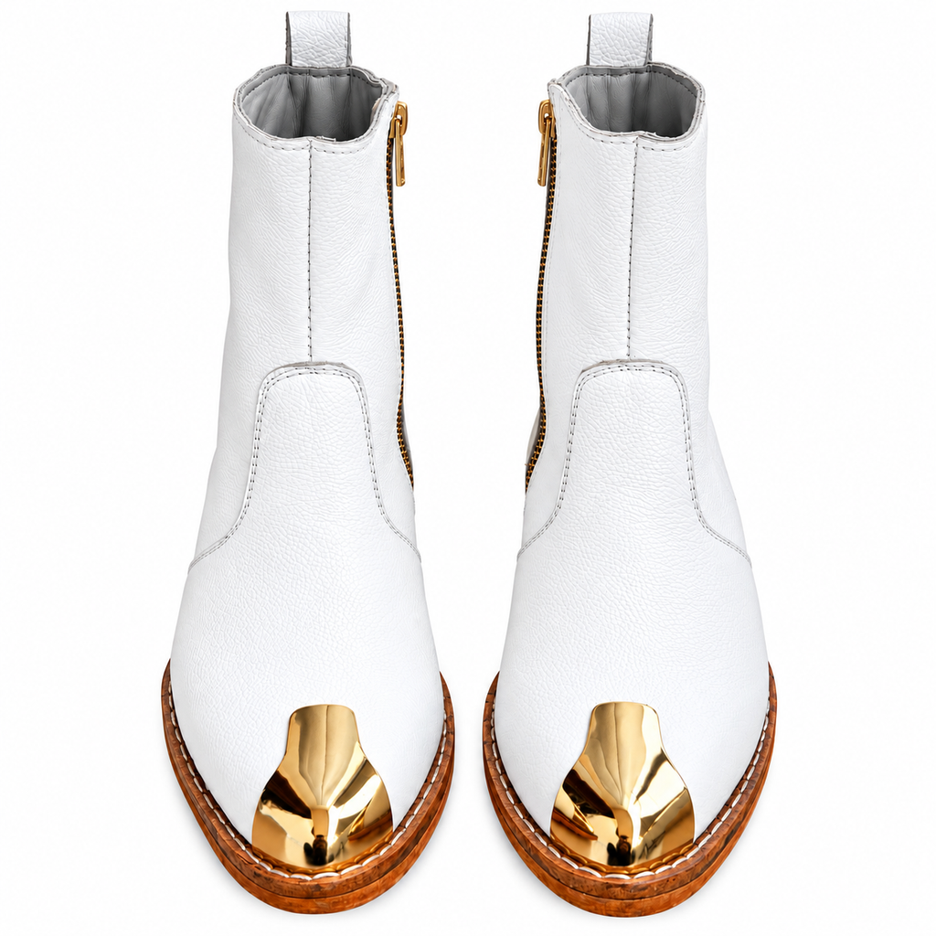 Premium White Gold-Toe Ankle Leather Zipper Boot