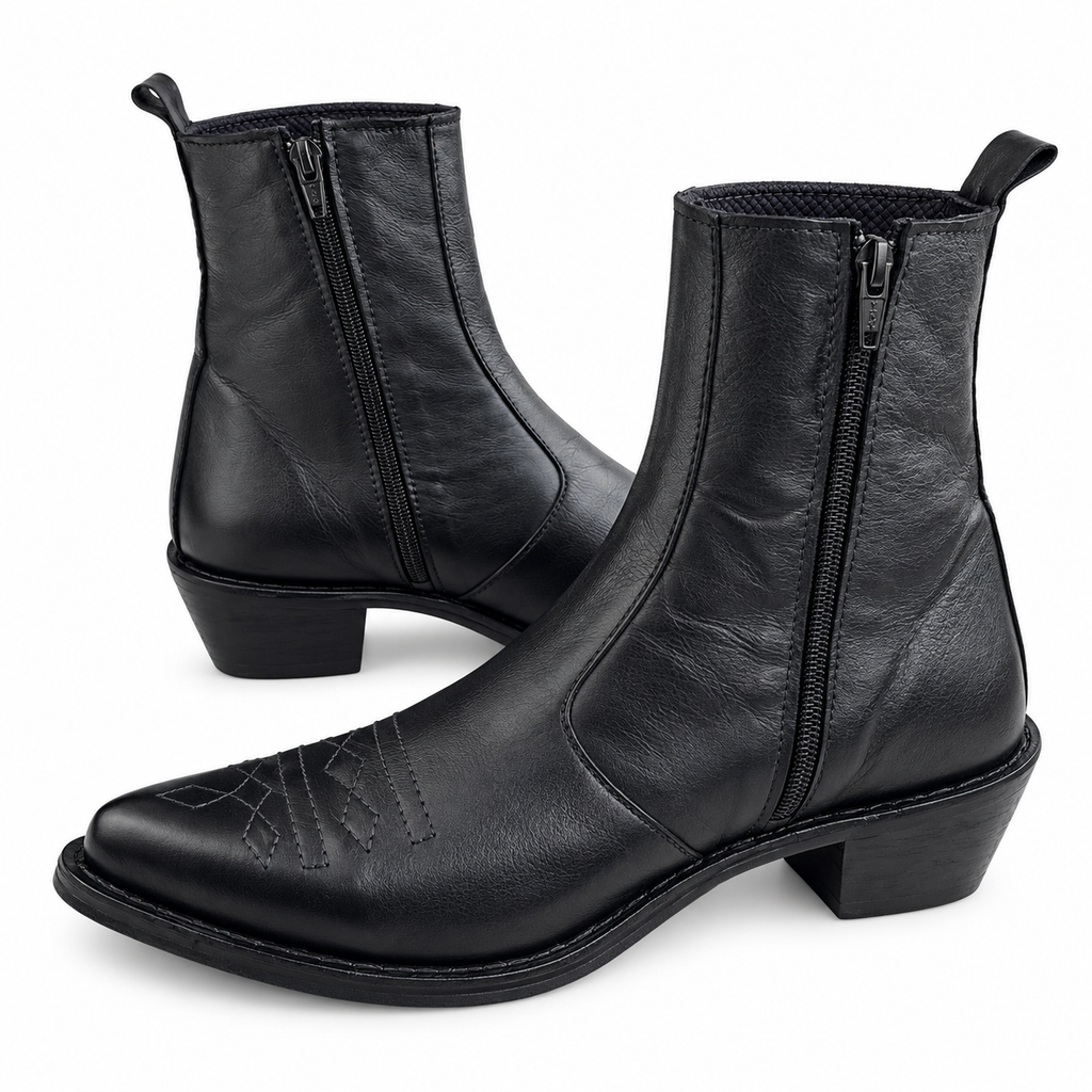 Black Heritage Stitch Ankle Leather Zipper Boot