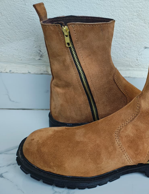 Classic Camel Suede Zeeper Handmade Boots With Leather Sole