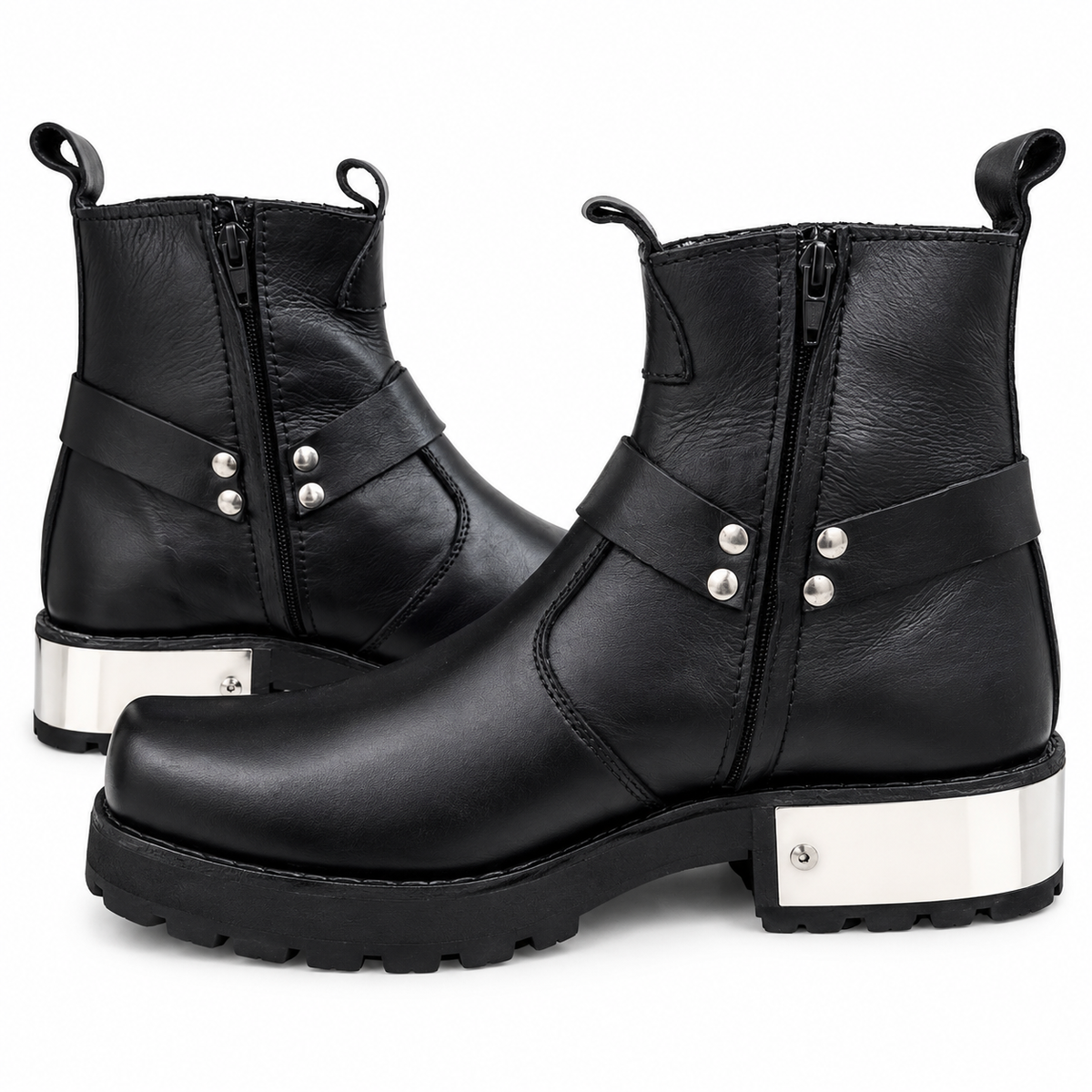 Stylish Black Urban Harness Leather Zipper & Chelsea Boot