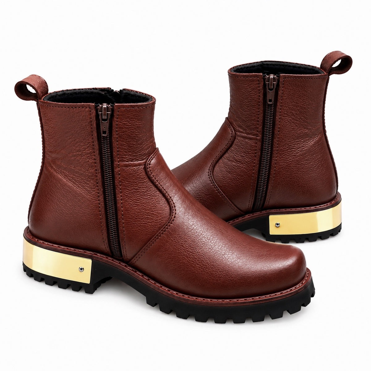 Rich Brown Leather Golden-Heel Ankle Zipper Boot
