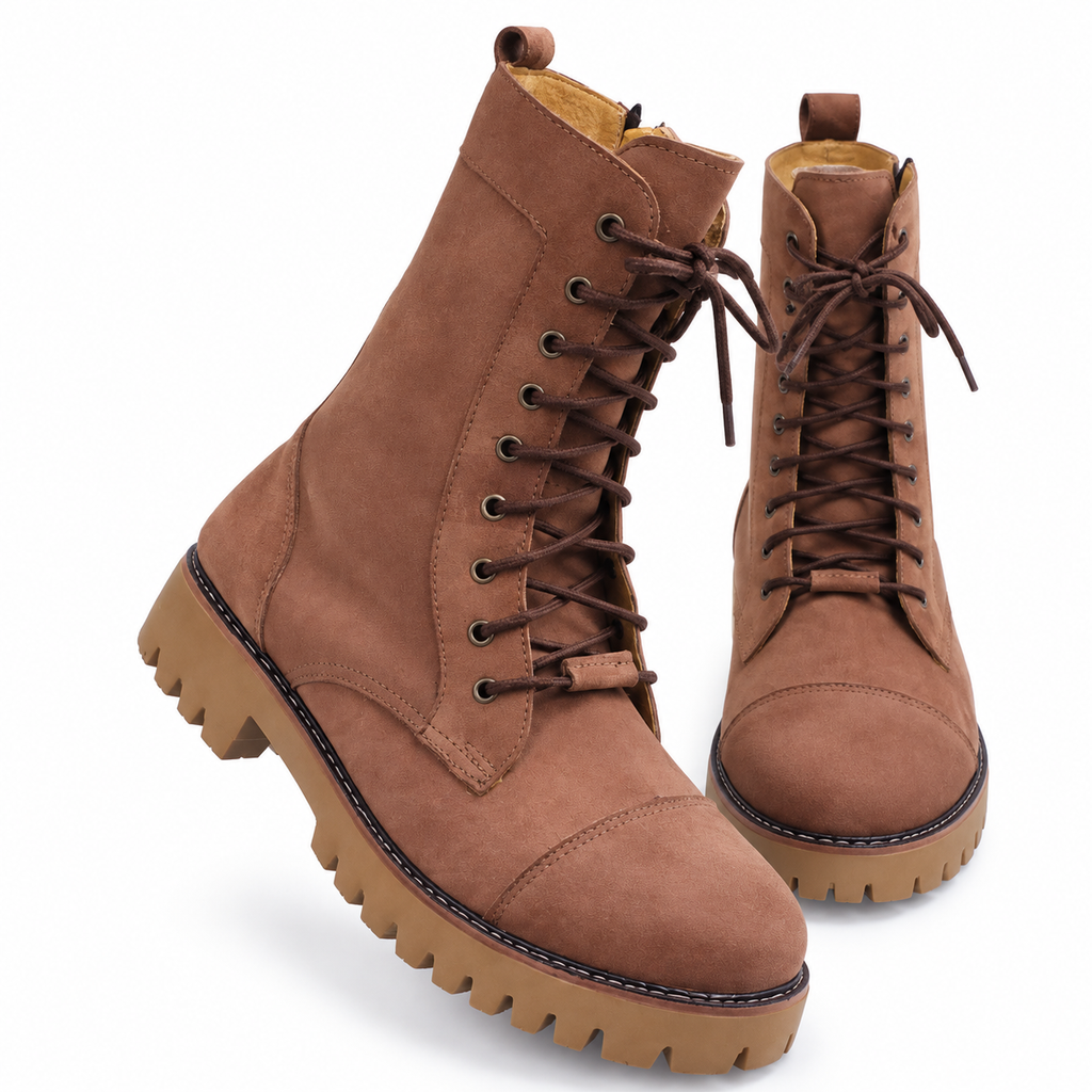 Mocha Brown Lace-Up And Zipper Combat Boots