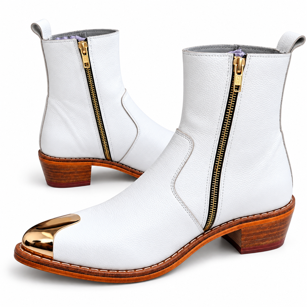 Premium White Gold-Toe Ankle Leather Zipper Boot
