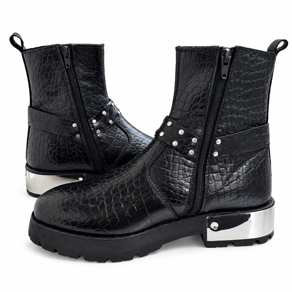 Black Croc-Texture Studded Ankle Zipper Boot