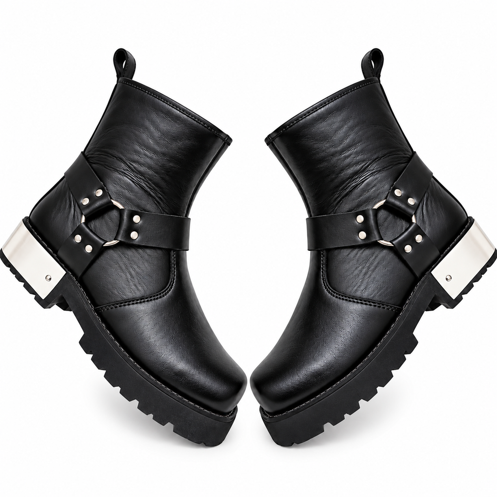 Black Urban Harness  Leather Zipper Boots