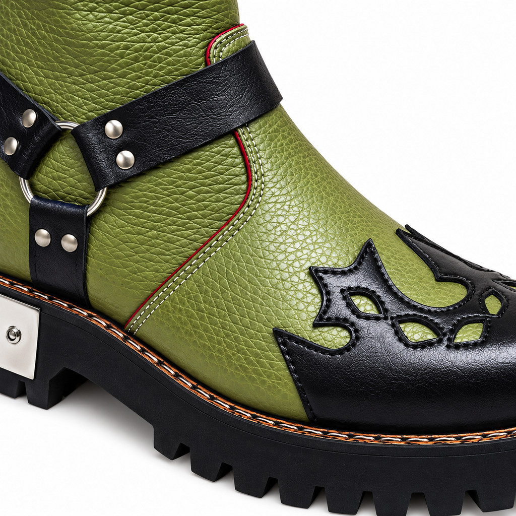 Olive Green & Black Studded Ankle Leather Zipper Boot