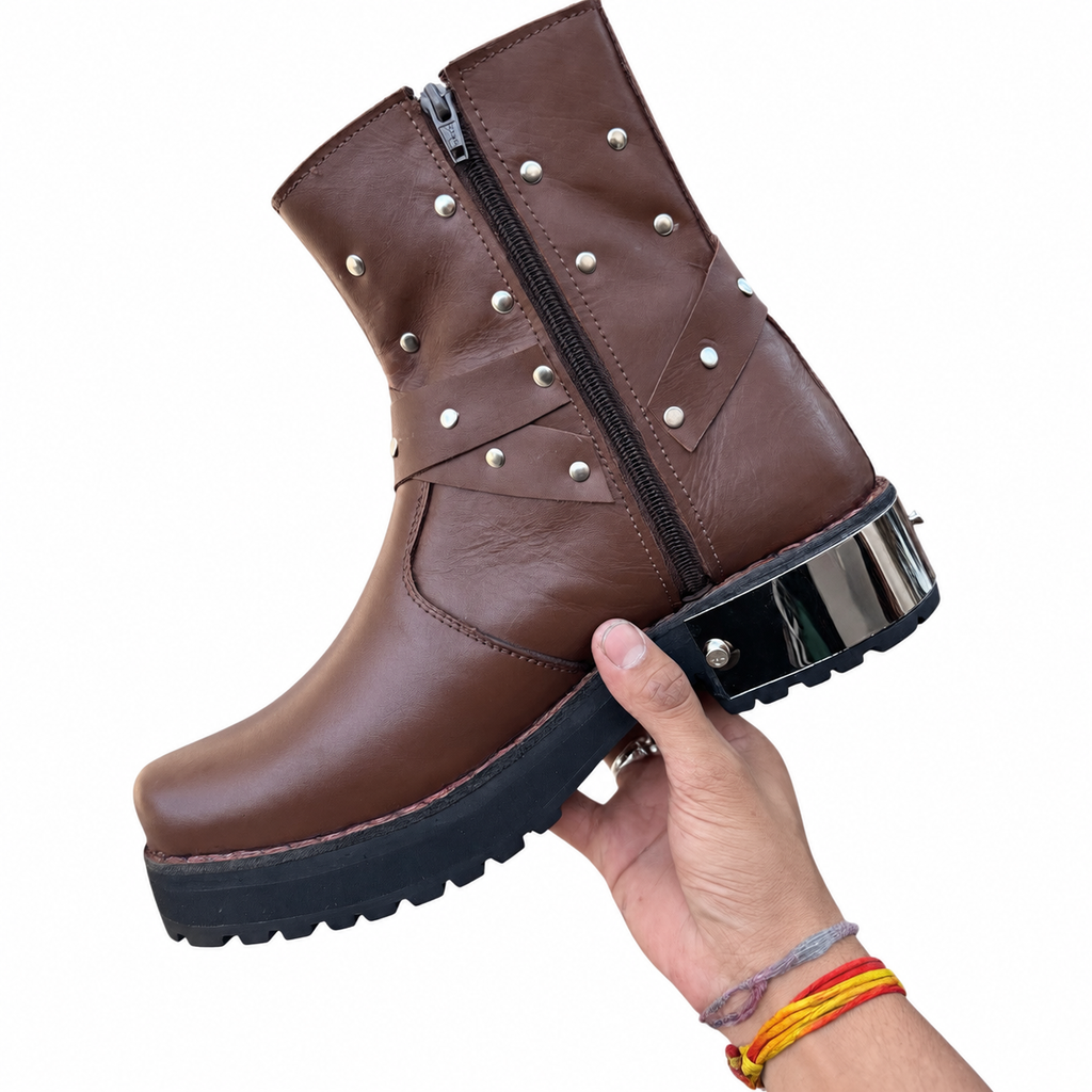 •Handmade Brown Leather Boot with Buckle & Strap Ankle Boot•