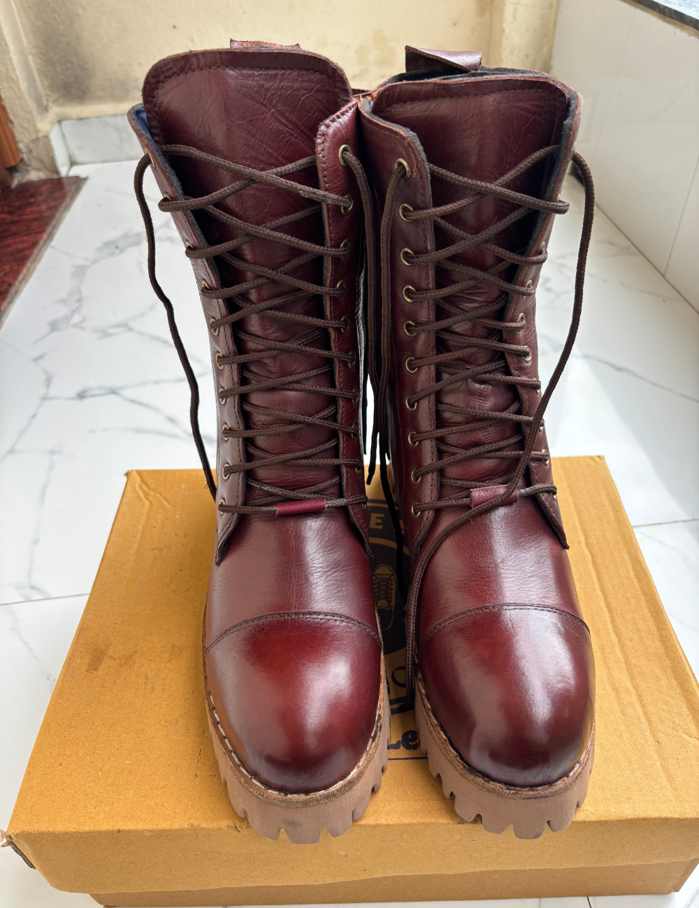 Genuine Handmade Cherry Red Leather Lace-Up Boots