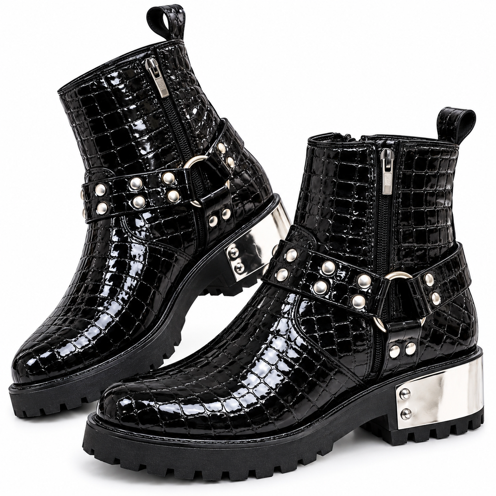 Black Glossy Croc-Texture Silver Heel Combat Zipper Boot