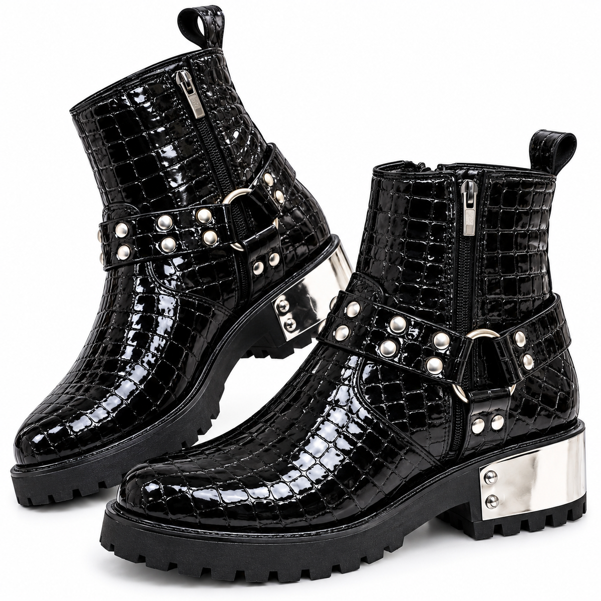 Black Glossy Croc-Texture Silver Heel Combat Zipper Boot