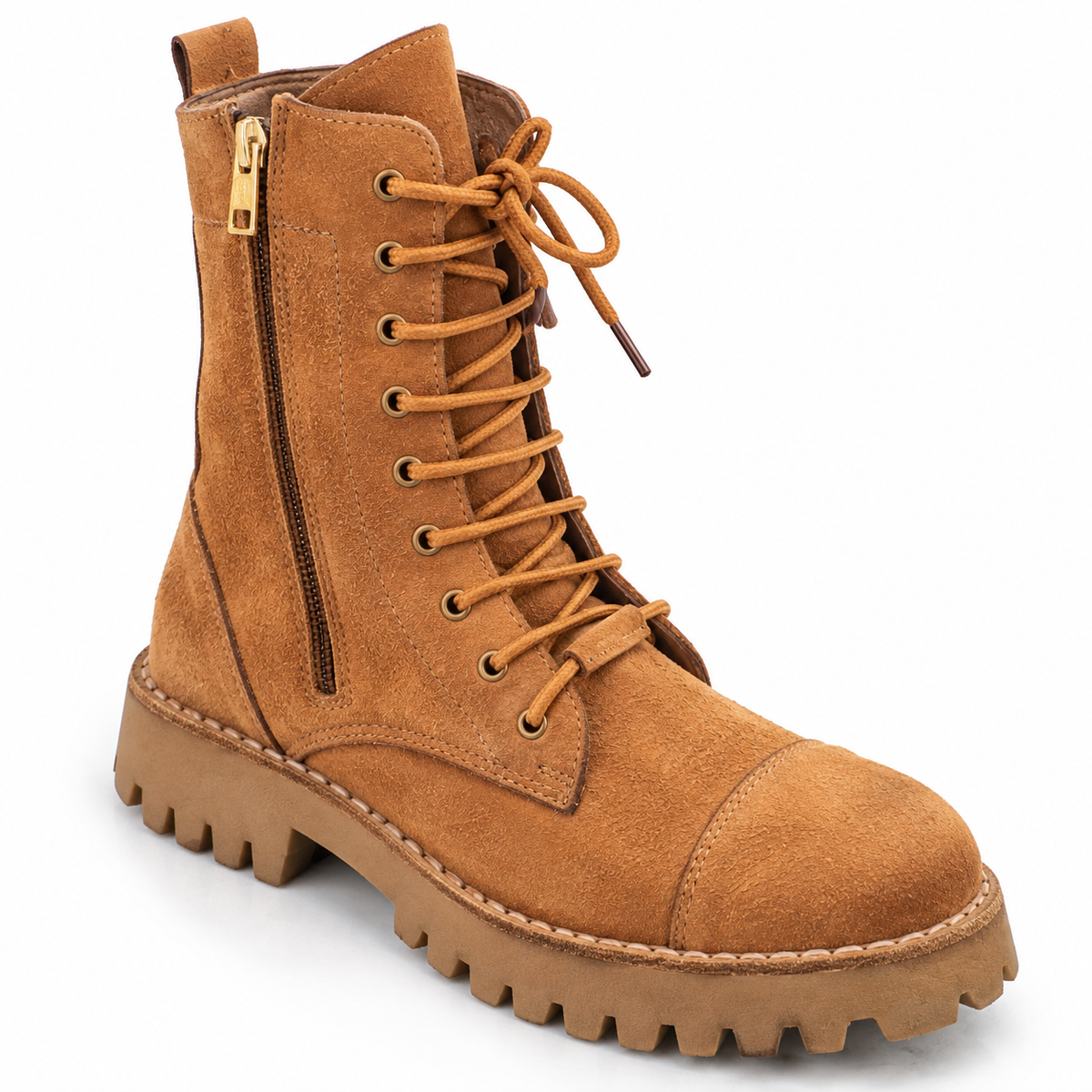Camel Suede Lace-Up And Zipper Combat Boots