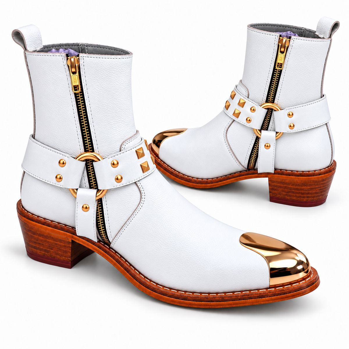 Royal White Ankle Leather Zipper Boot With Gold Harness