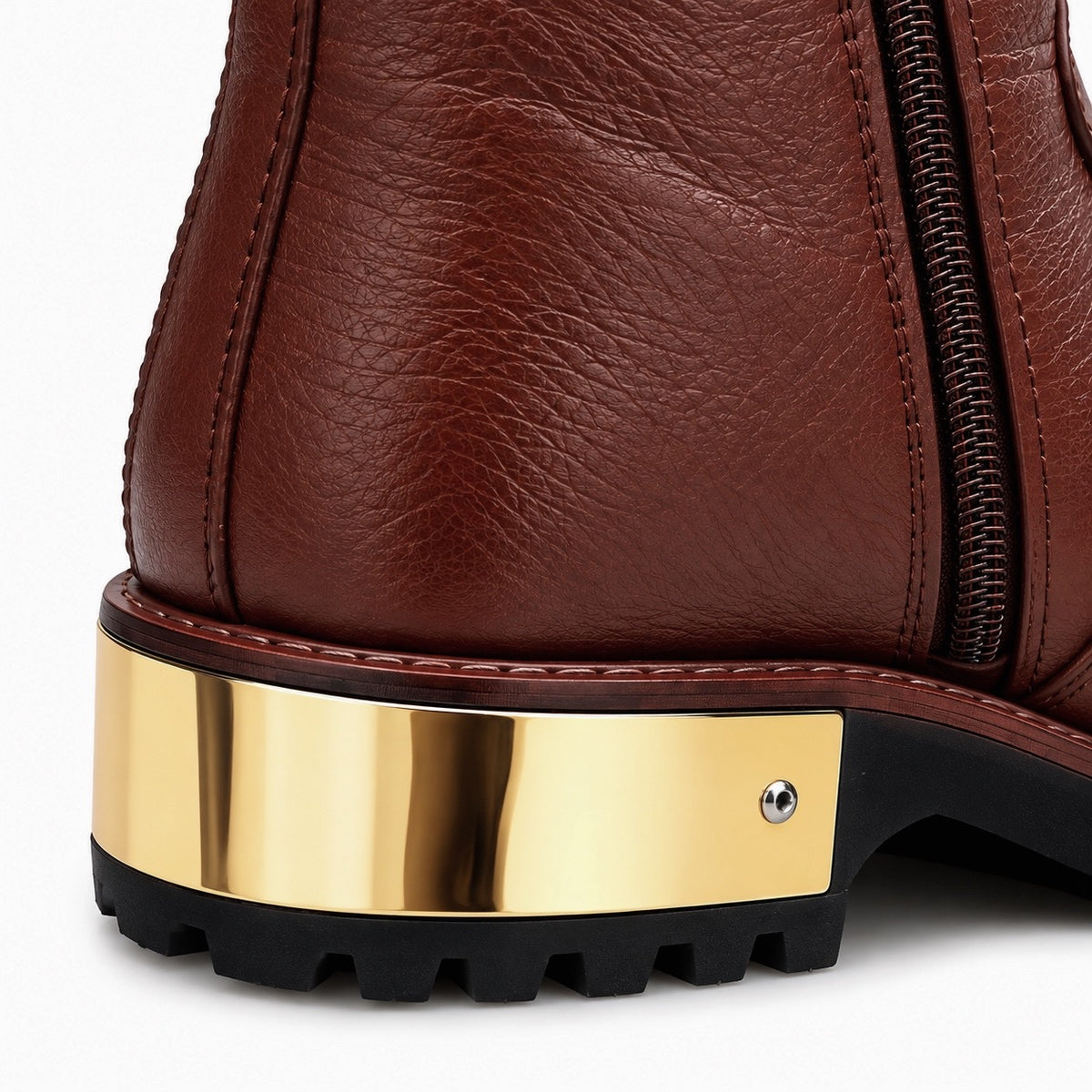 Rich Brown Leather Golden-Heel Ankle Zipper Boot
