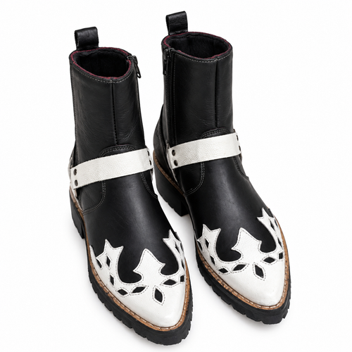 Black & White Handmade Western Ankle Boots with pointed heel and pointed toe with black Zeeper