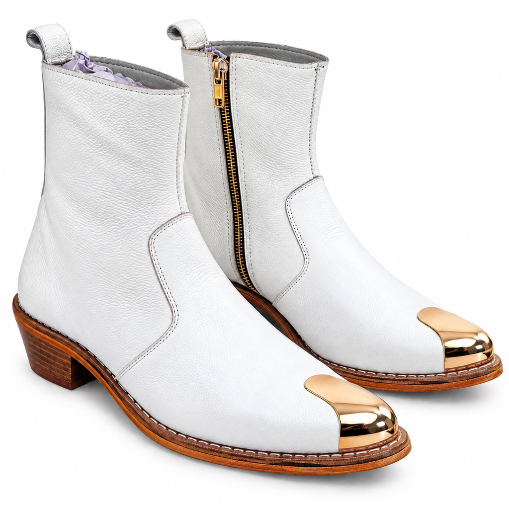 Premium White Gold-Toe Ankle Leather Zipper Boot