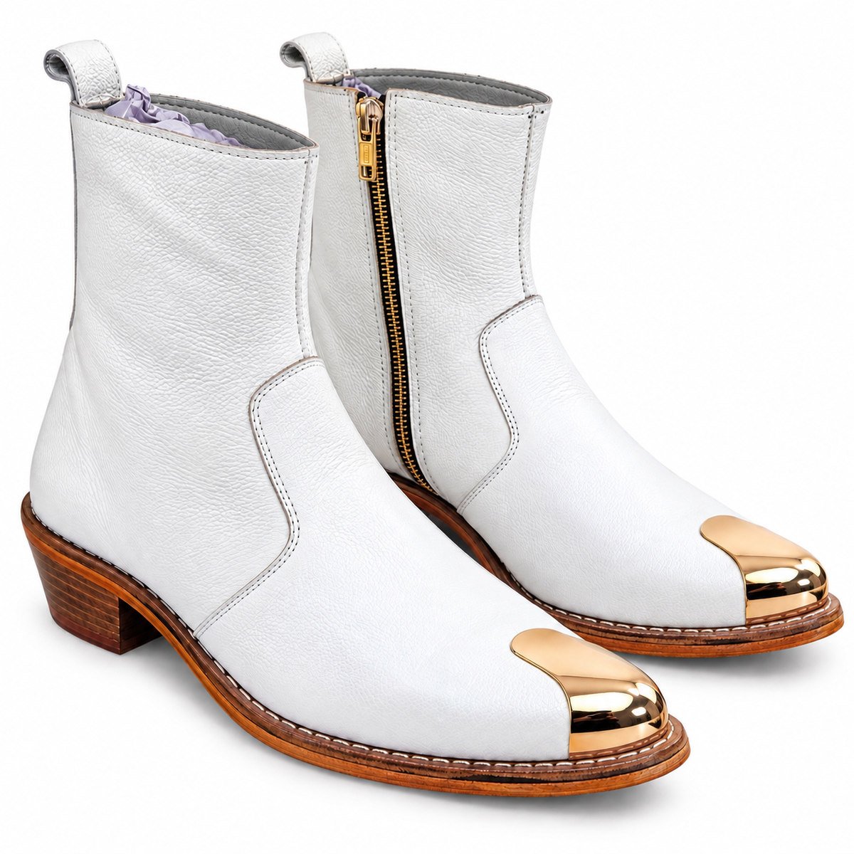 Premium White Gold-Toe Ankle Leather Zipper Boot