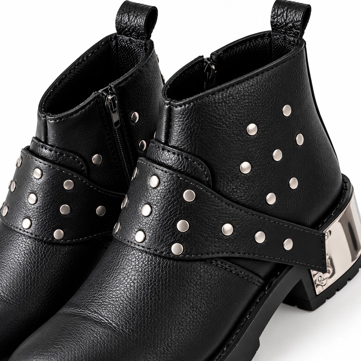 Black Studded Harness Combat Leather Zipper Boot