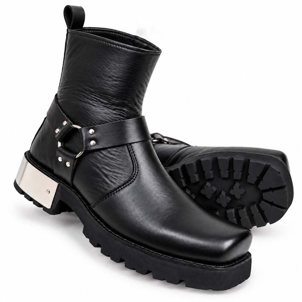 Black Urban Harness  Leather Zipper Boots