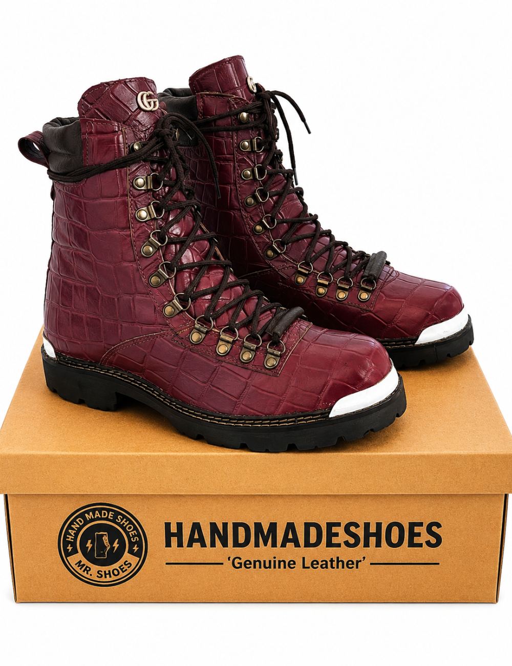Genuine Handmade Cherry Red Leather Lace-Up Boots