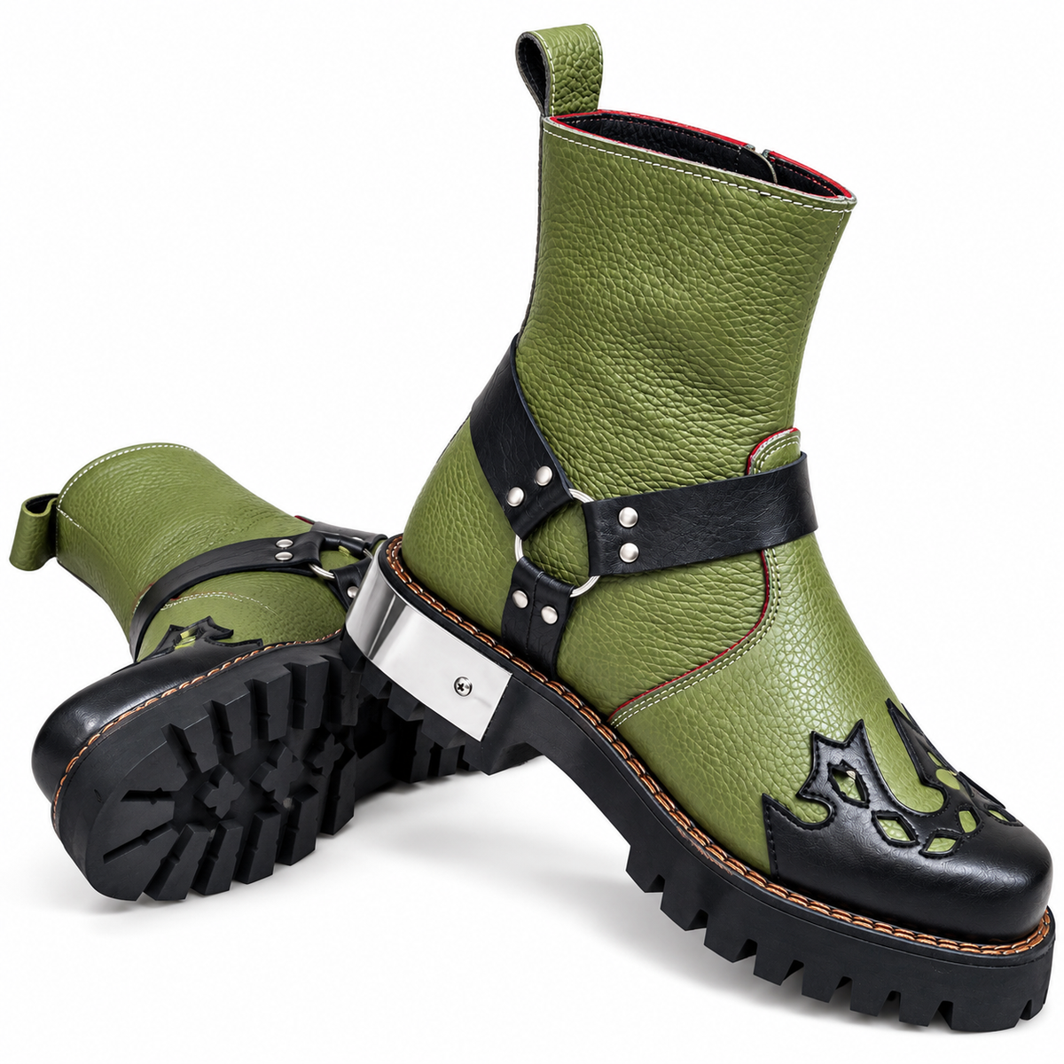 Olive Green & Black Studded Ankle Leather Zipper Boot