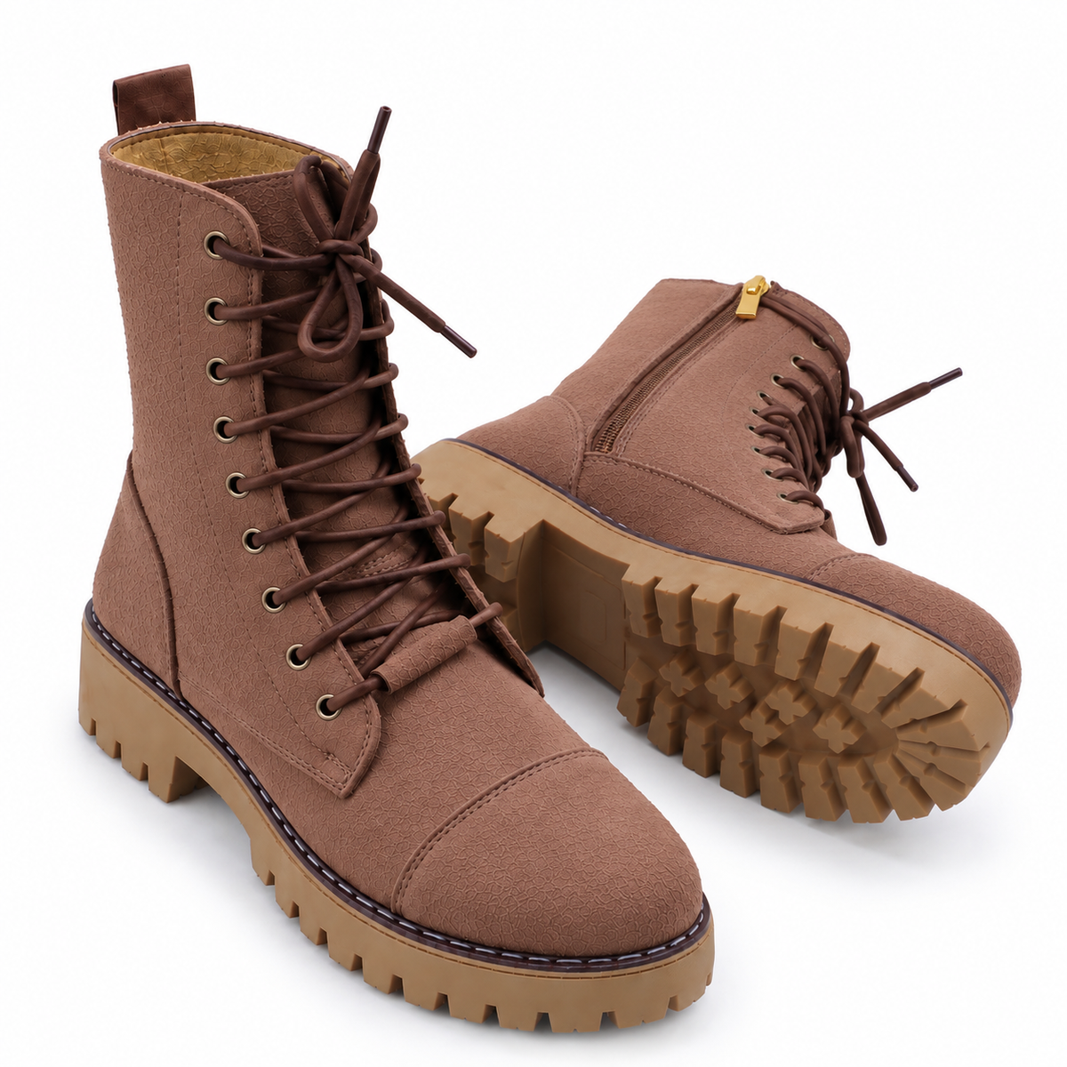 Mocha Brown Lace-Up And Zipper Combat Boots