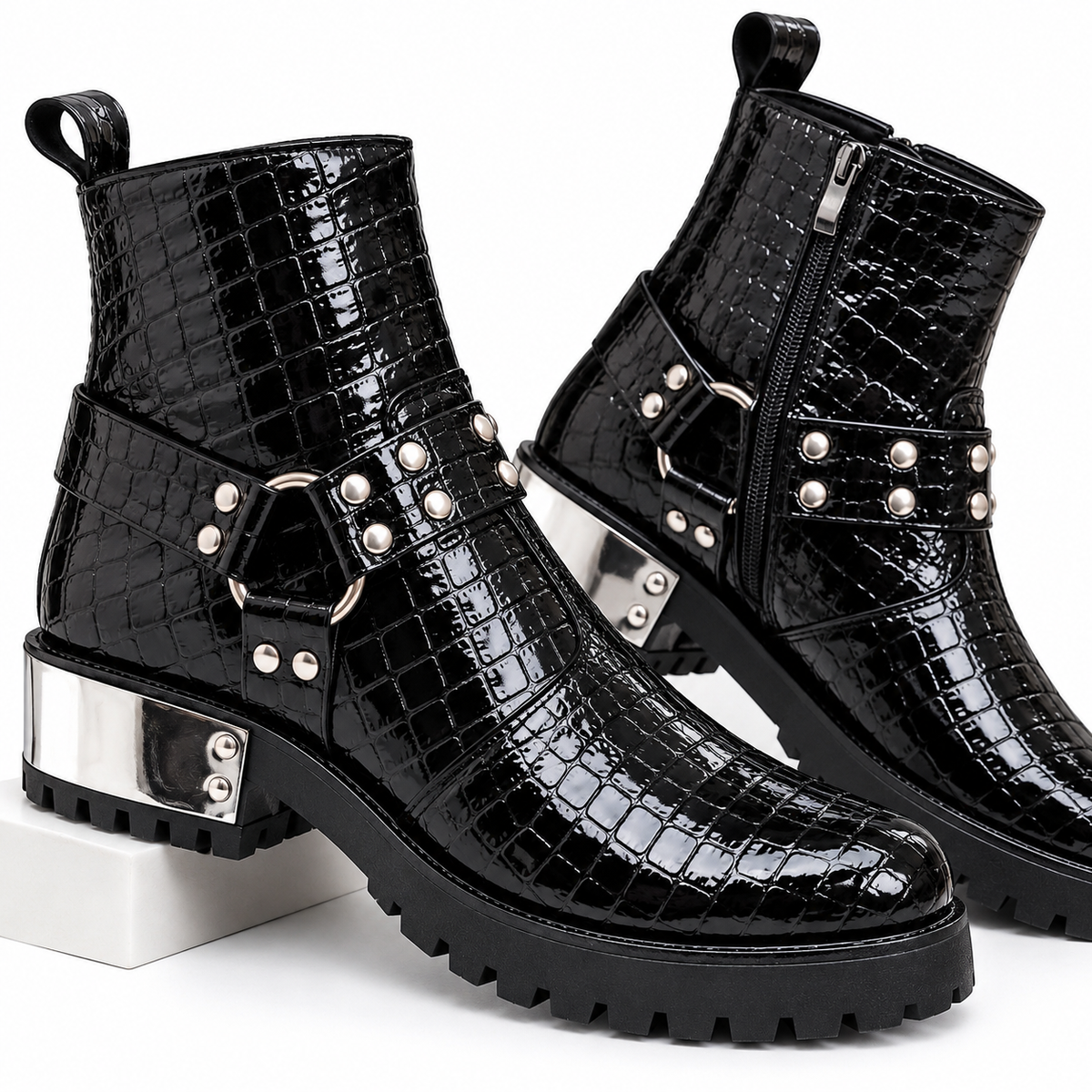 Black Glossy Croc-Texture Silver Heel Combat Zipper Boot