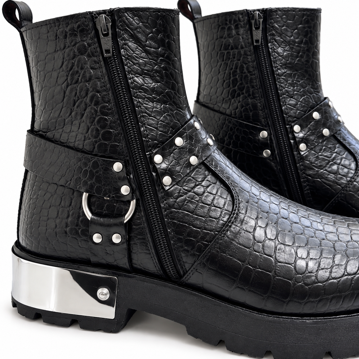 Black Croc-Texture Studded Ankle Zipper Boot