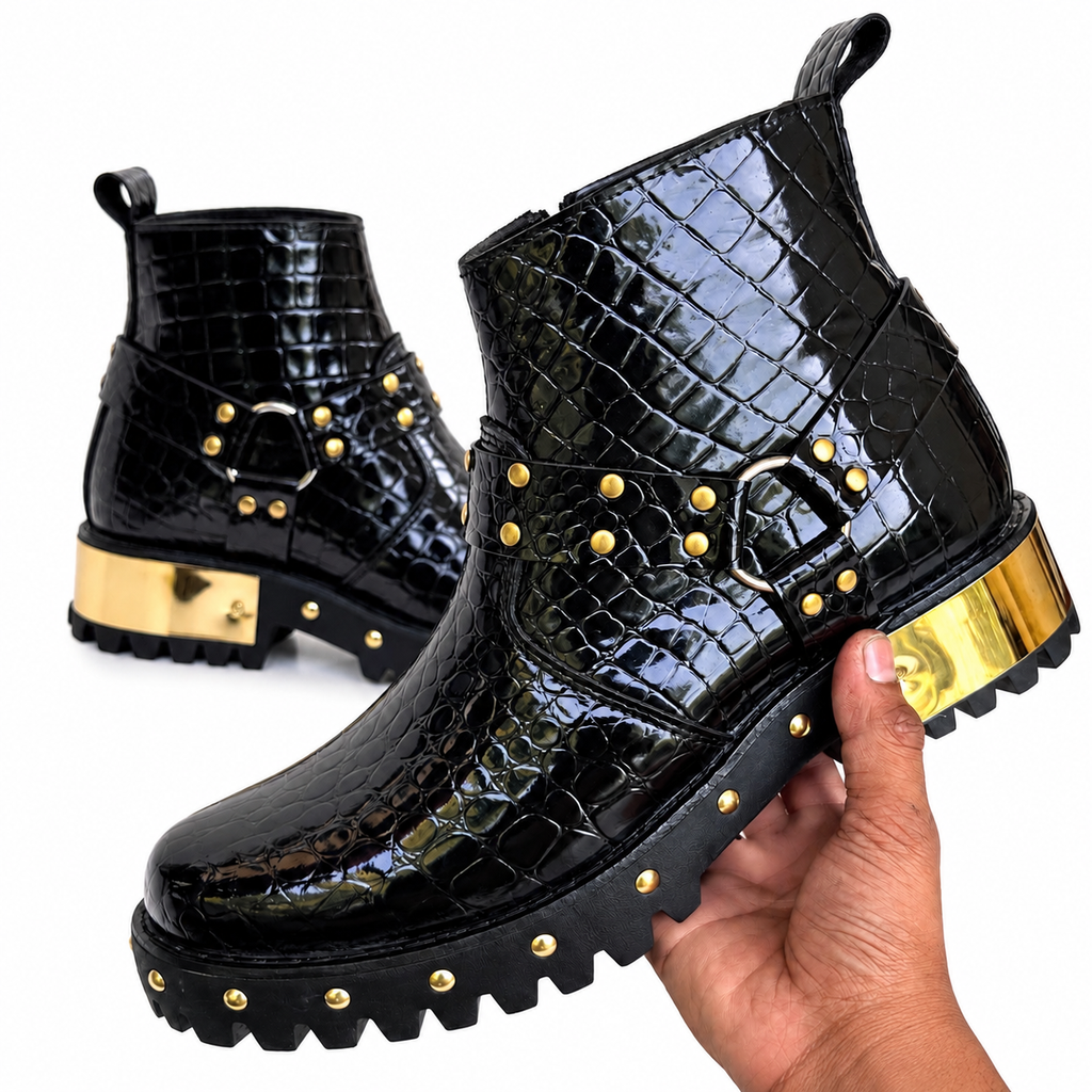 Black  Luxury  Glossy Croc-Texture Studded Zipper Boot