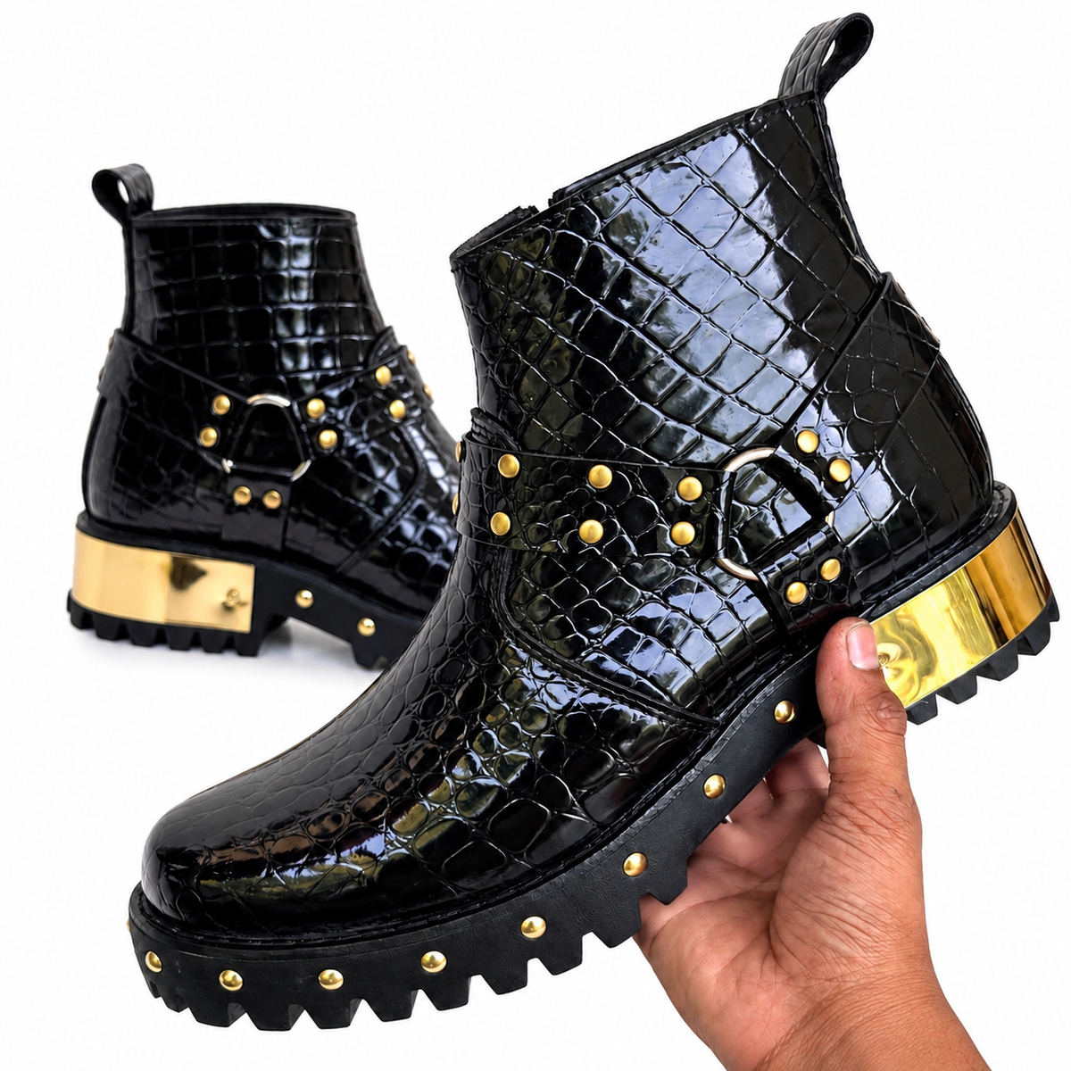Black  Luxury  Glossy Croc-Texture Studded Zipper Boot