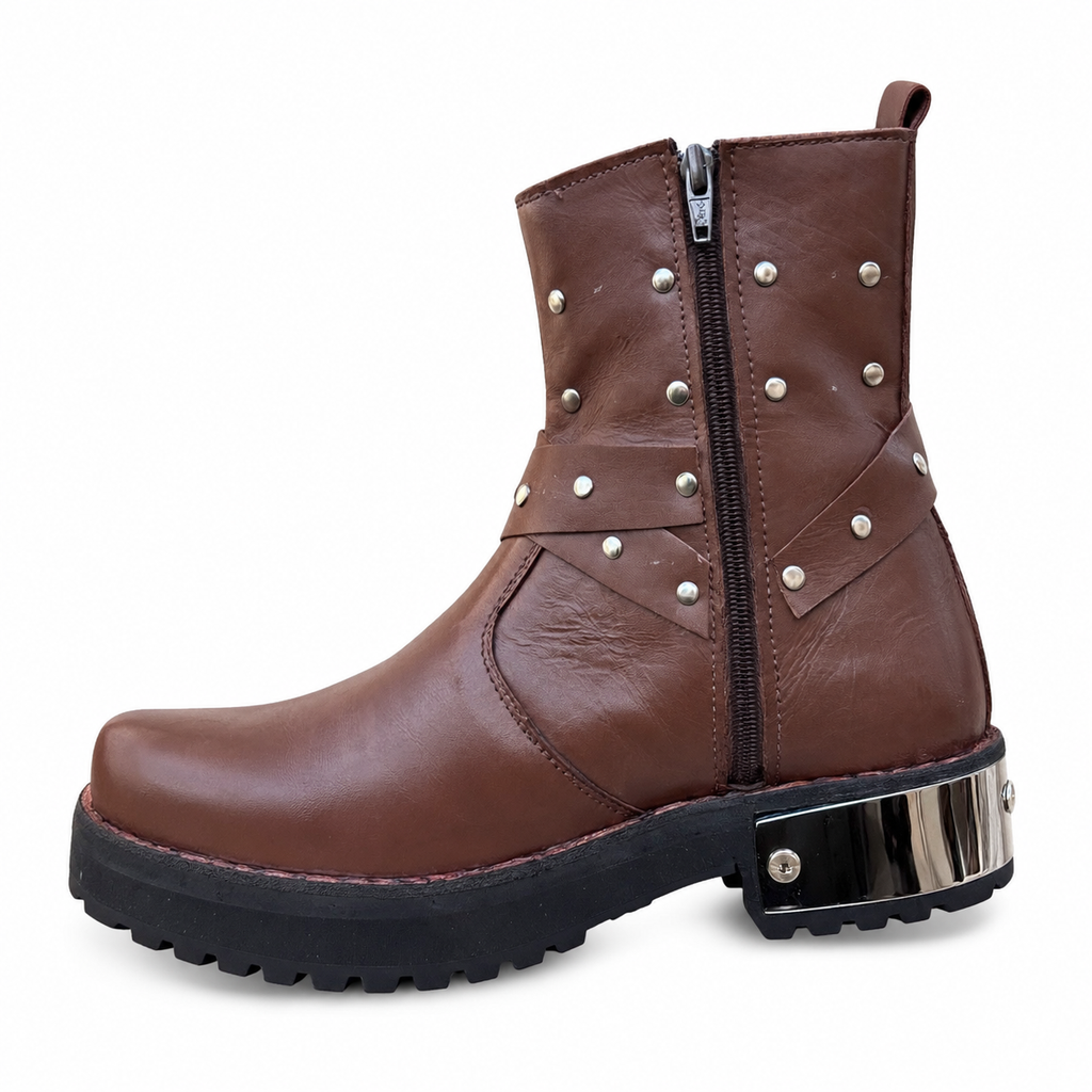 •Handmade Brown Leather Boot with Buckle & Strap Ankle Boot•