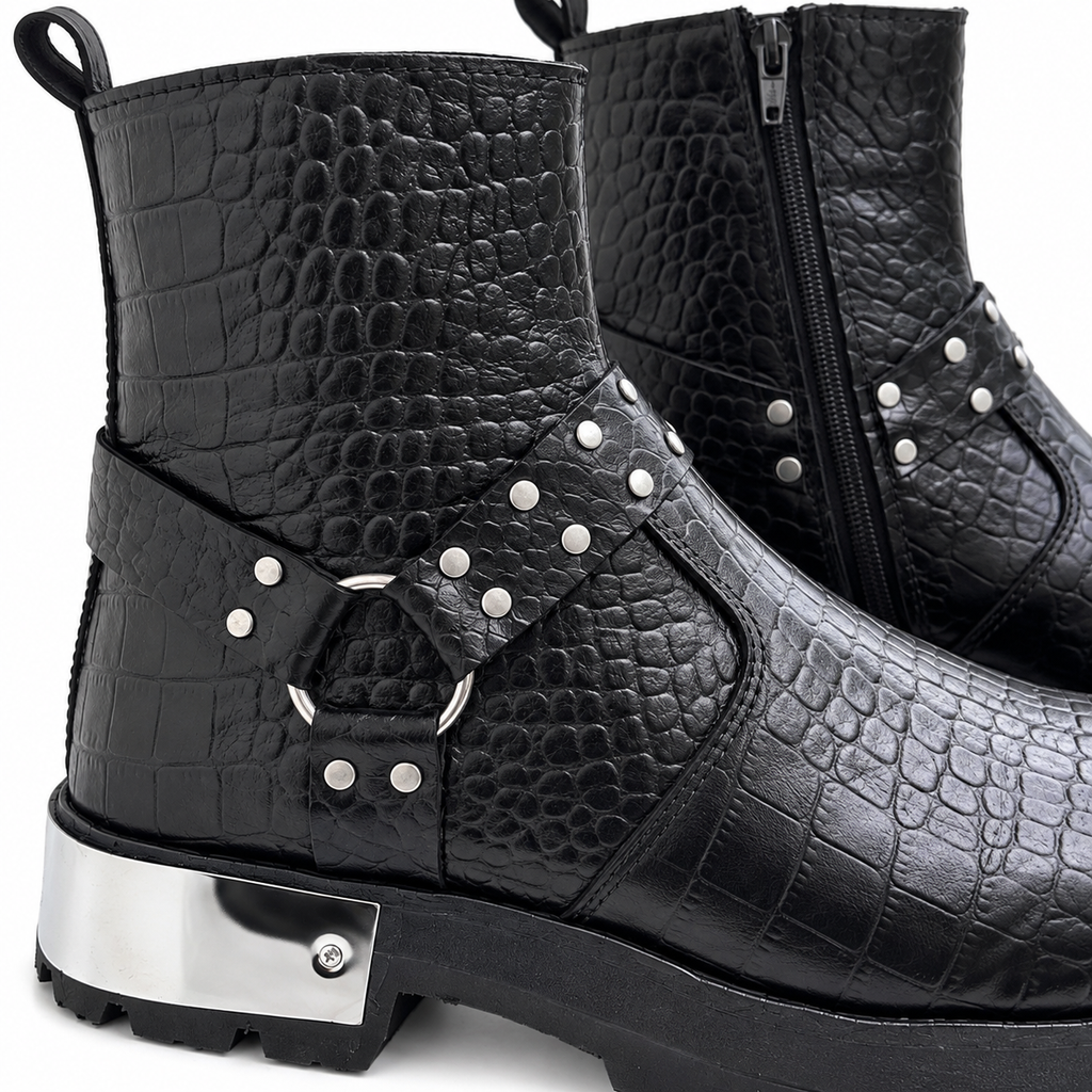 Black Croc-Texture Studded Ankle Zipper Boot