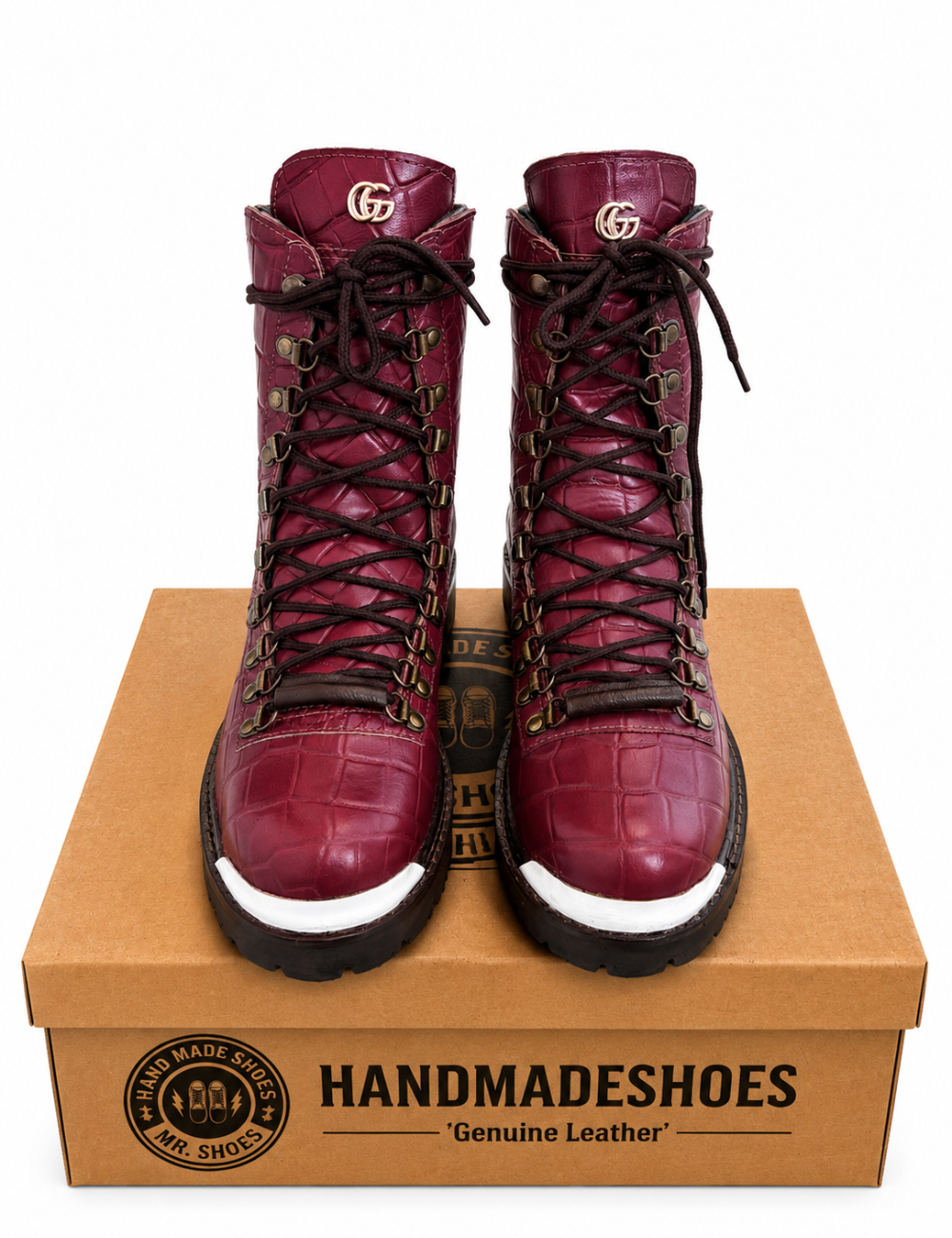 Genuine Handmade Cherry Red Leather Lace-Up Boots