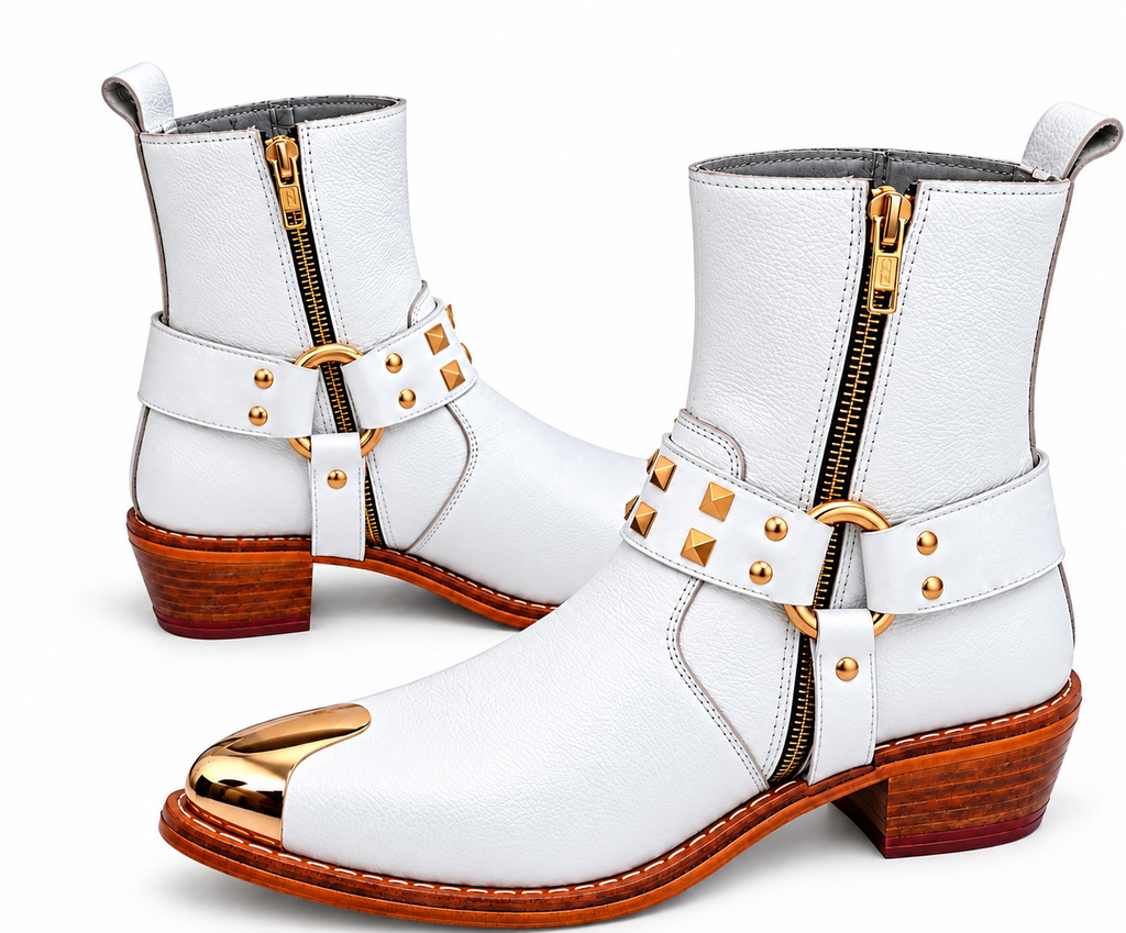 Royal White Ankle Leather Zipper Boot With Gold Harness