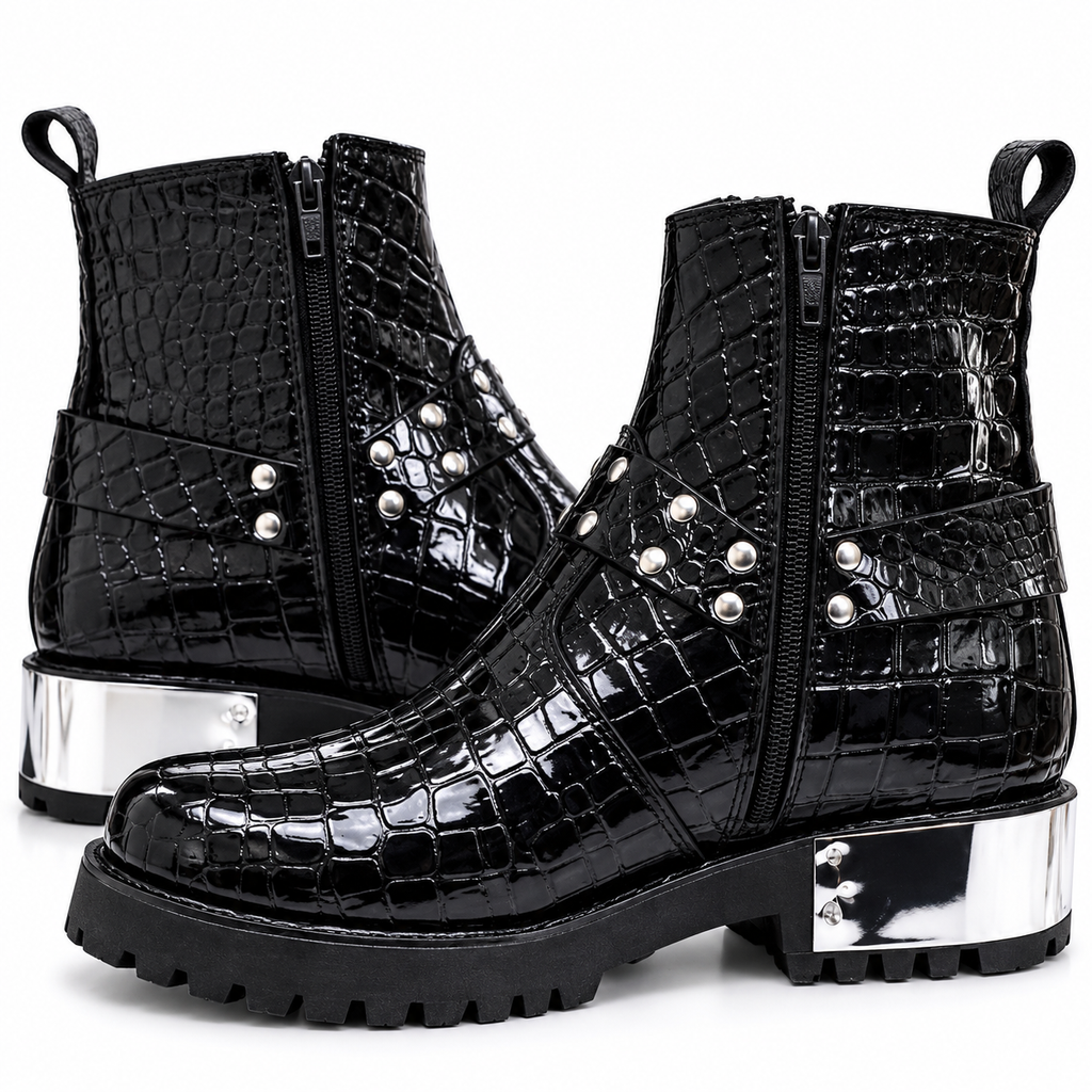 Black Glossy Croc-Texture Silver Heel Combat Zipper Boot