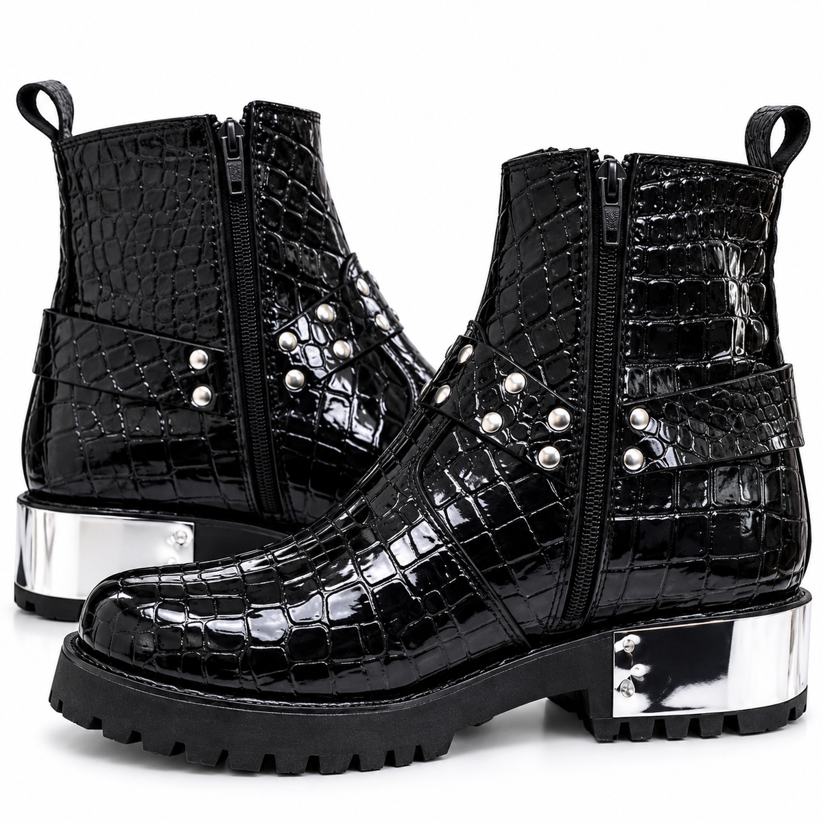 Black Glossy Croc-Texture Silver Heel Combat Zipper Boot