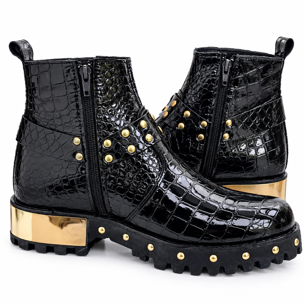 Black  Luxury  Glossy Croc-Texture Studded Zipper Boot