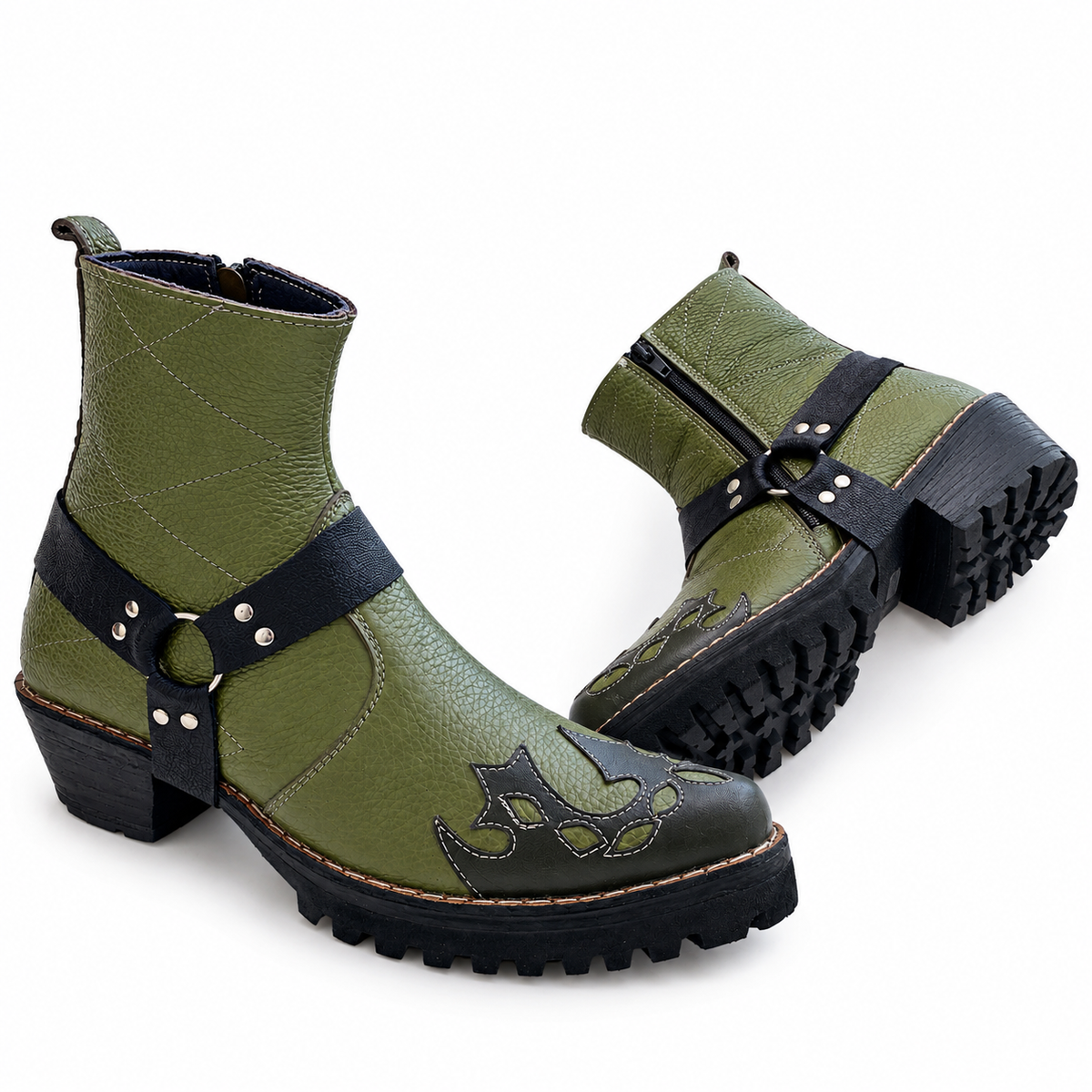 Bold Signature Style Olive Green & Black Harness Ankle Leather Zipper Boot
