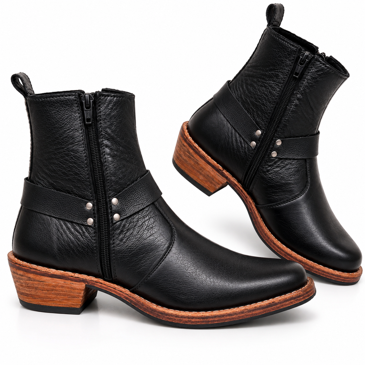 Handmade Black Leather Harness Ankle Boots With Leather Sole